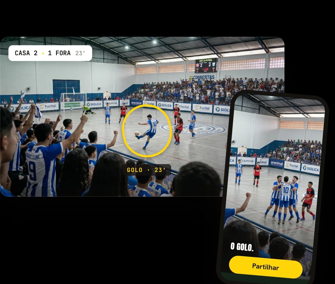 Lance de futsal analisado no Play 360, com o clip pronto a partilhar no telemóvel