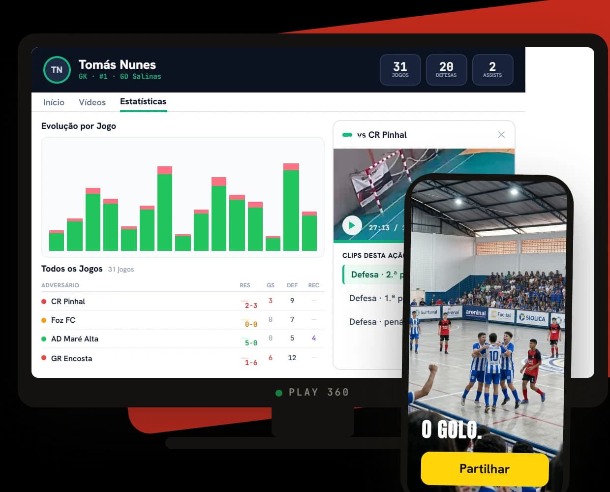 Página pública do atleta e o clip do golo no telemóvel, no Play 360